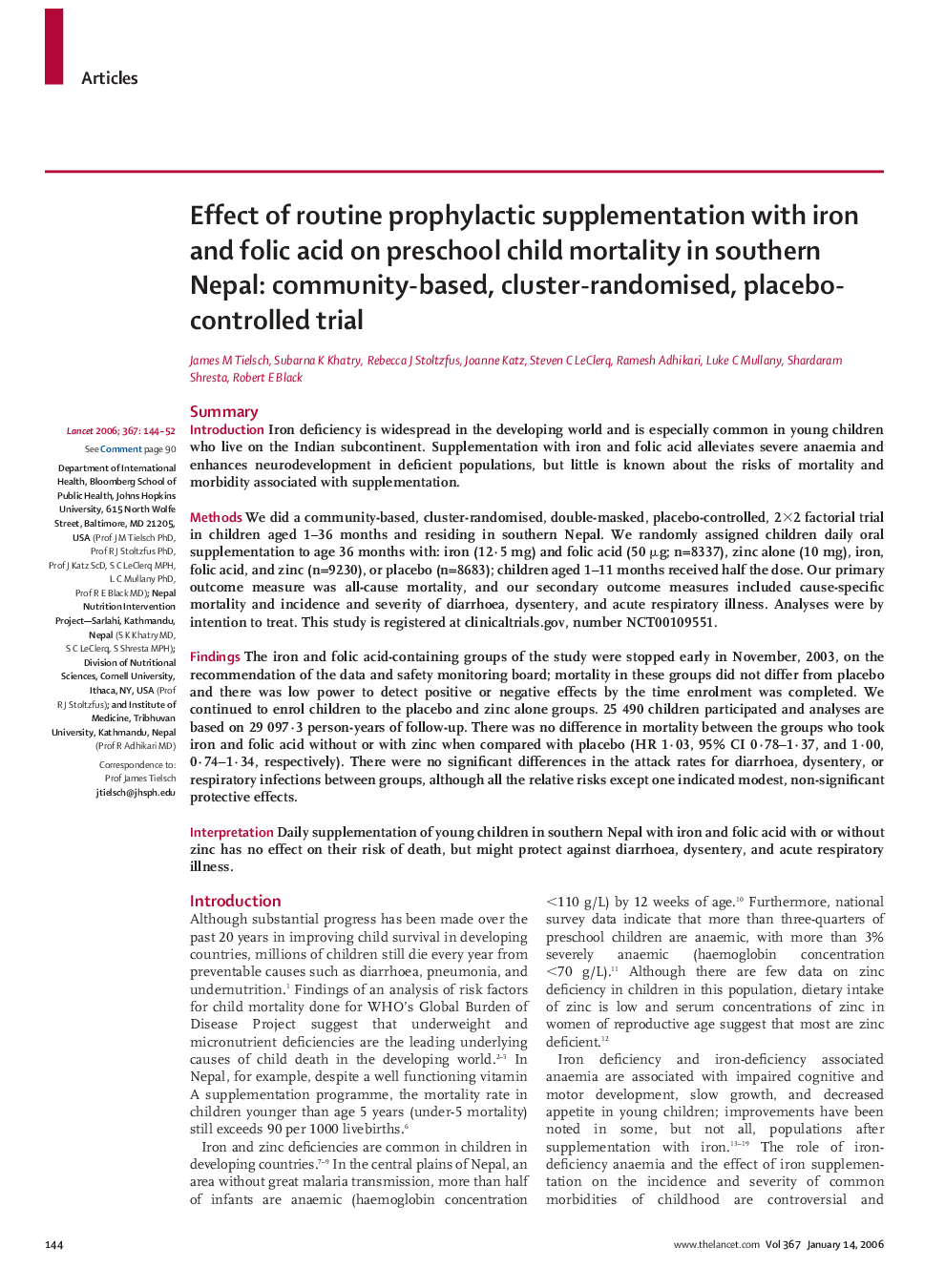 Effect of routine prophylactic supplementation with iron and folic acid on preschool child mortality in southern Nepal: community-based, cluster-randomised, placebo-controlled trial