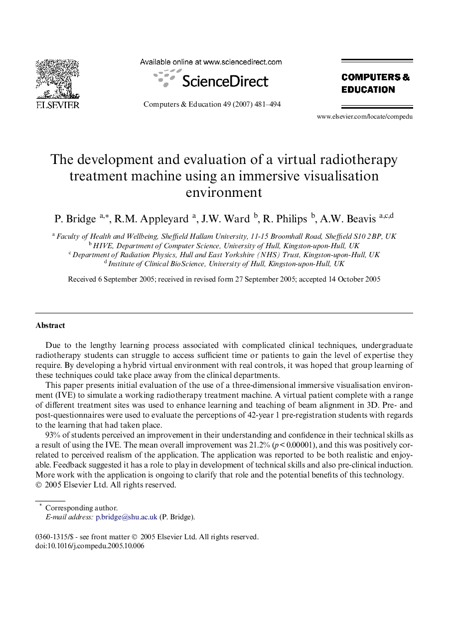 The development and evaluation of a virtual radiotherapy treatment machine using an immersive visualisation environment