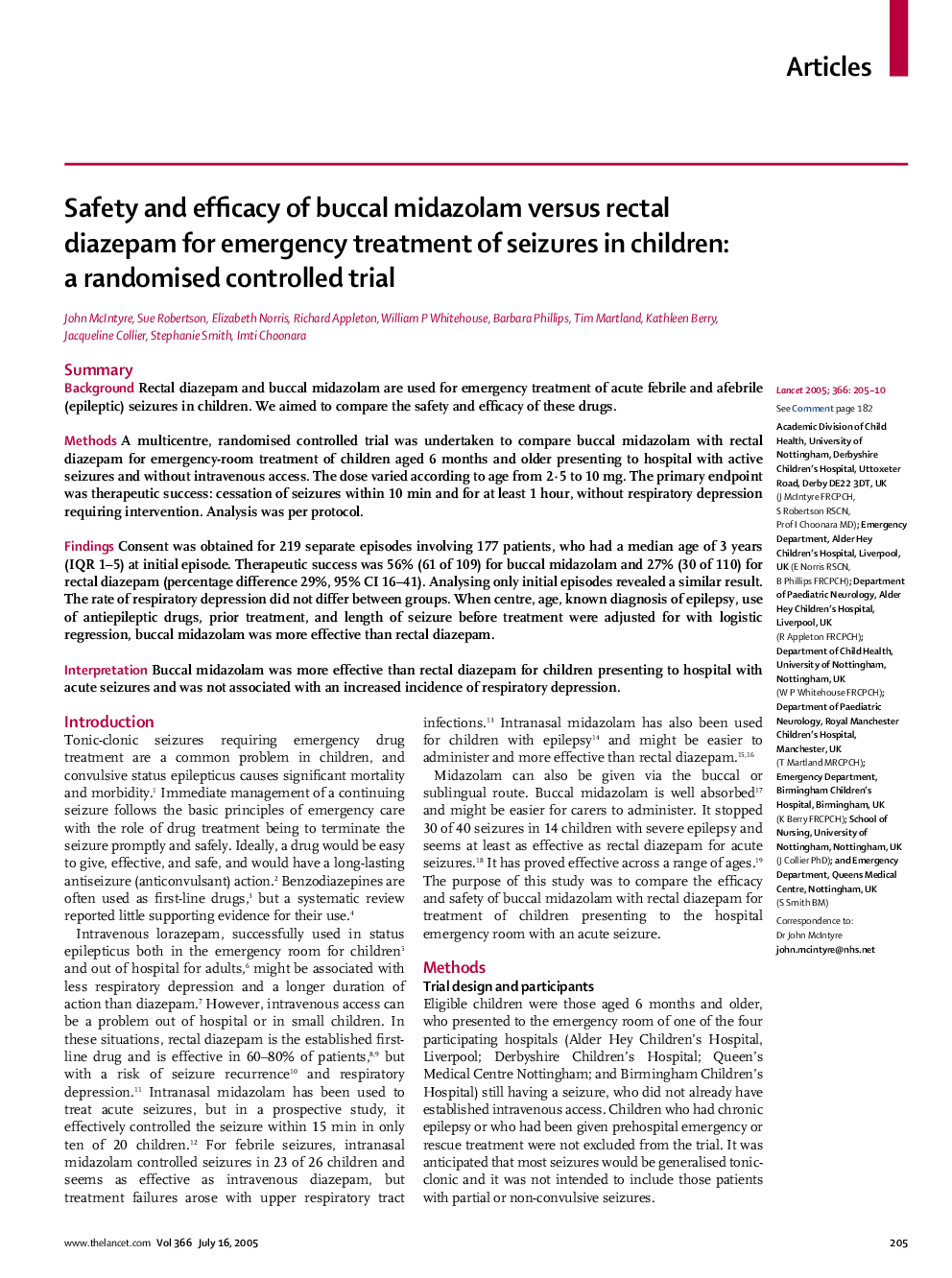 Safety and efficacy of buccal midazolam versus rectal diazepam for emergency treatment of seizures in children: a randomised controlled trial