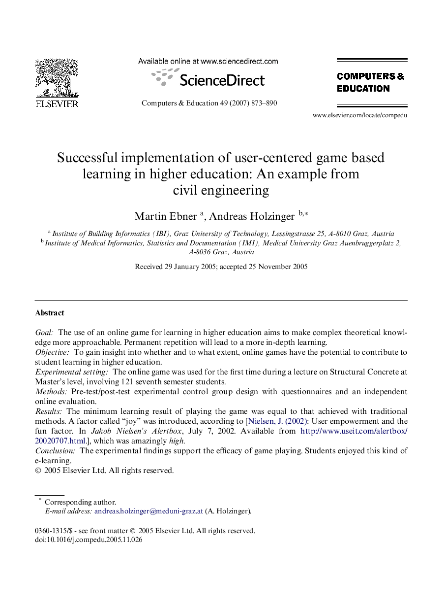 Successful implementation of user-centered game based learning in higher education: An example from civil engineering