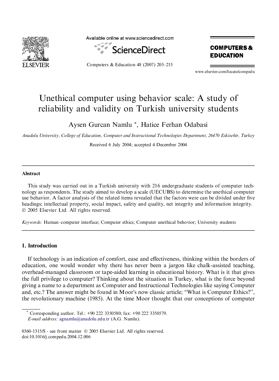 Unethical computer using behavior scale: A study of reliability and validity on Turkish university students