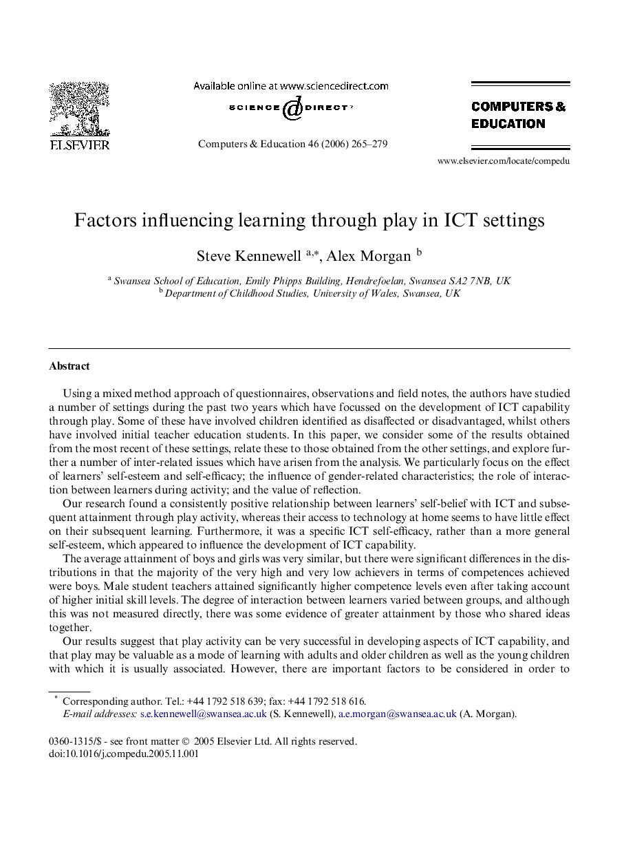 Factors influencing learning through play in ICT settings