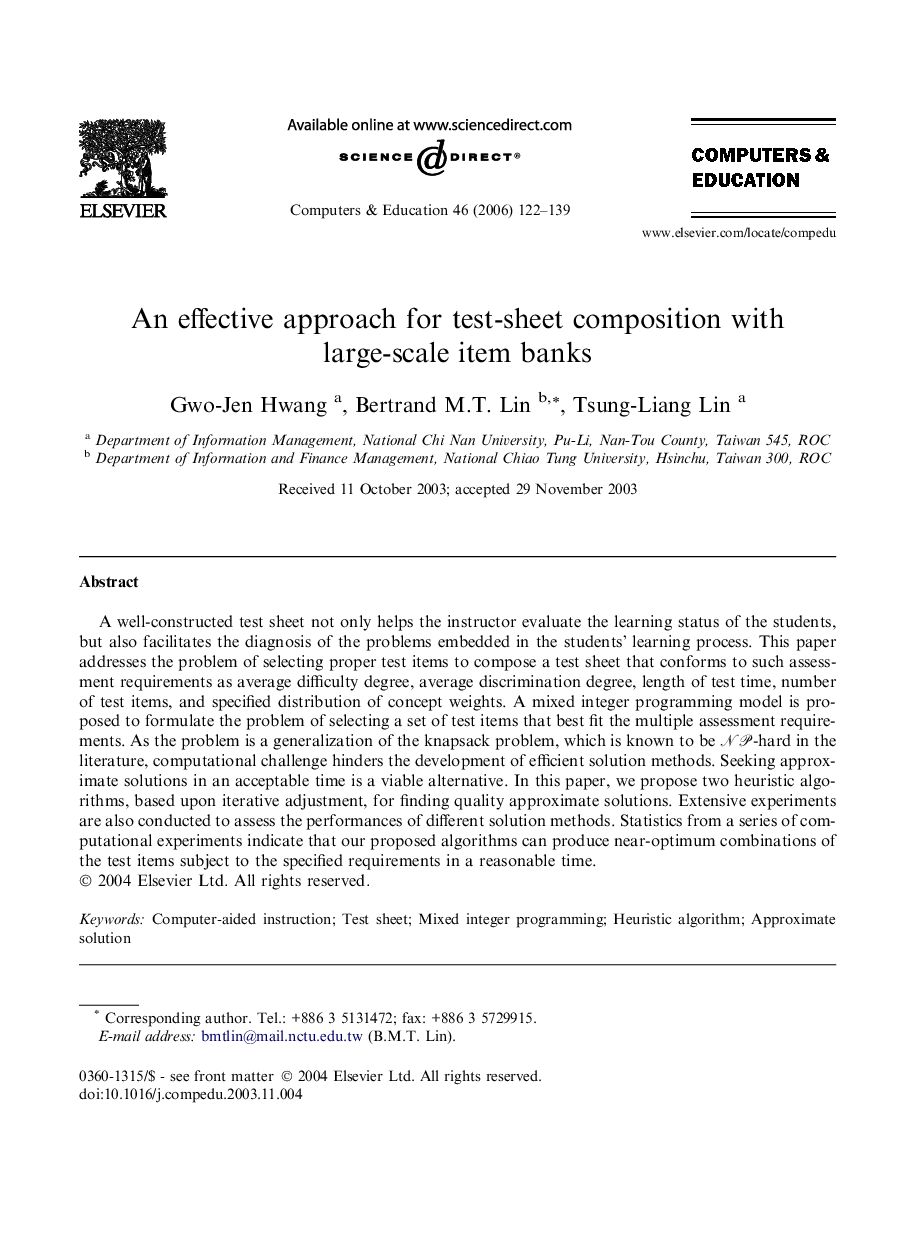 An effective approach for test-sheet composition with large-scale item banks