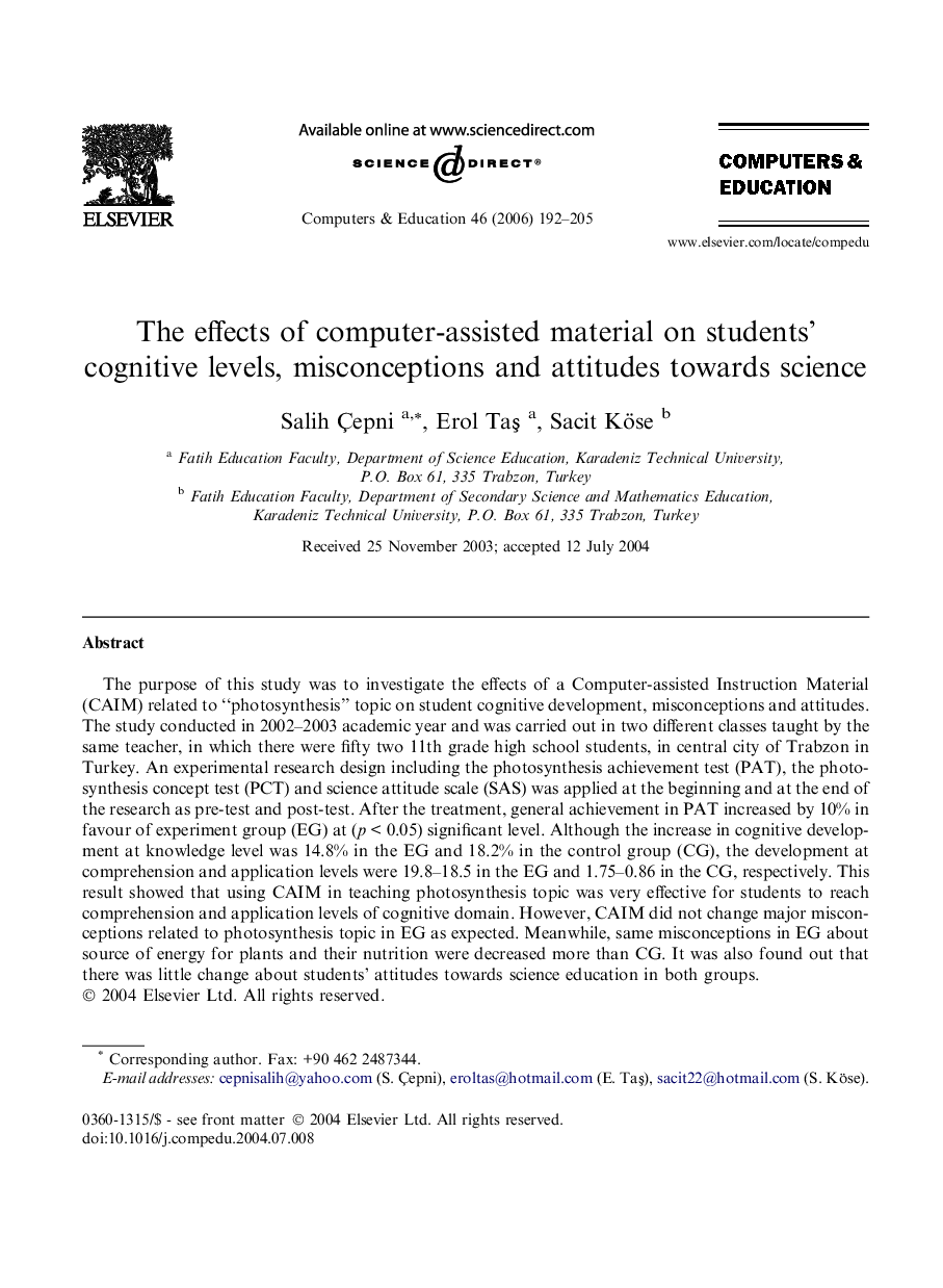 The effects of computer-assisted material on students’ cognitive levels, misconceptions and attitudes towards science