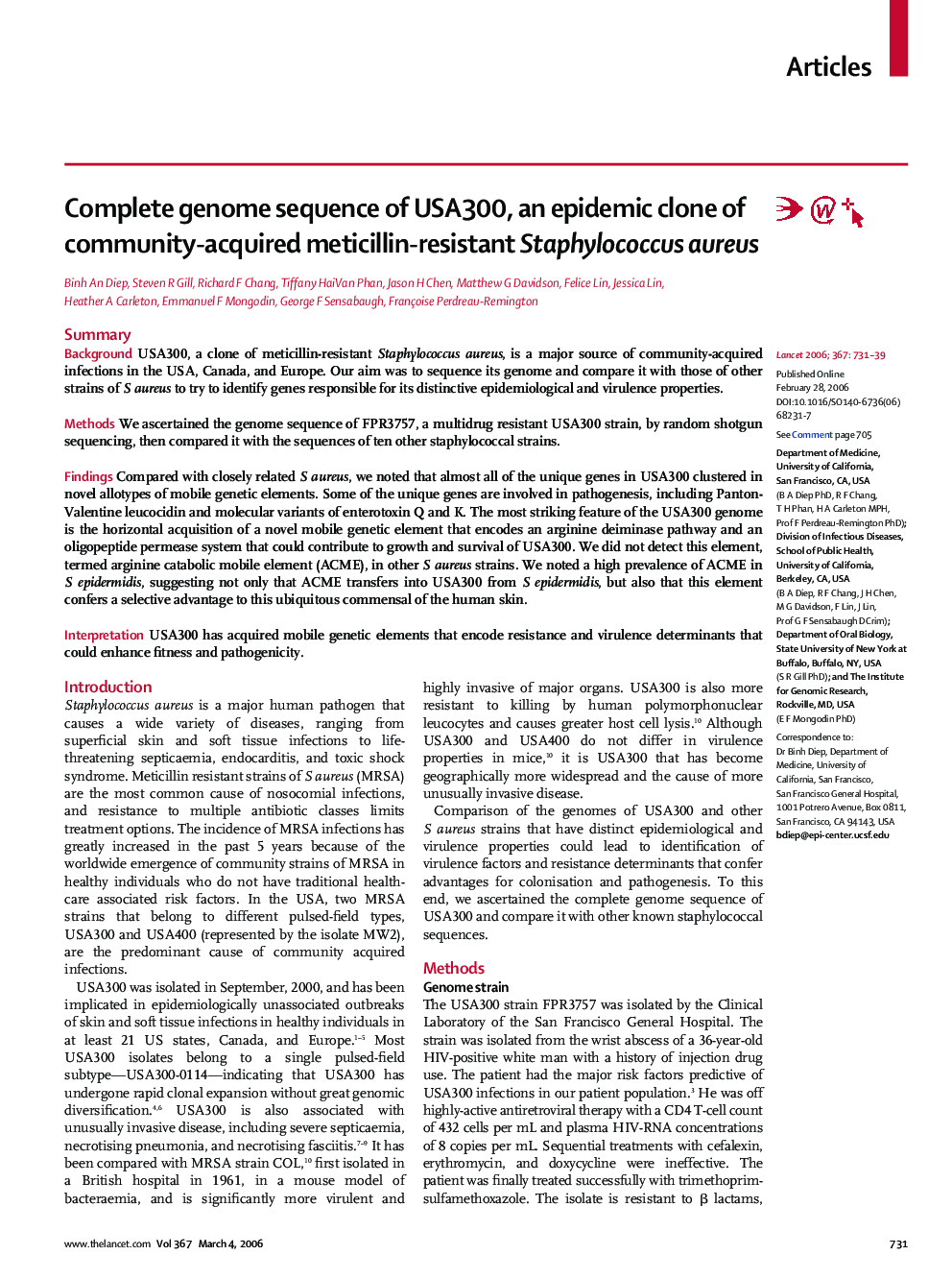 Complete genome sequence of USA300, an epidemic clone of community-acquired meticillin-resistant Staphylococcus aureus