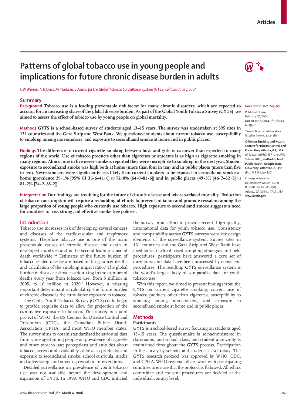 Patterns of global tobacco use in young people and implications for future chronic disease burden in adults