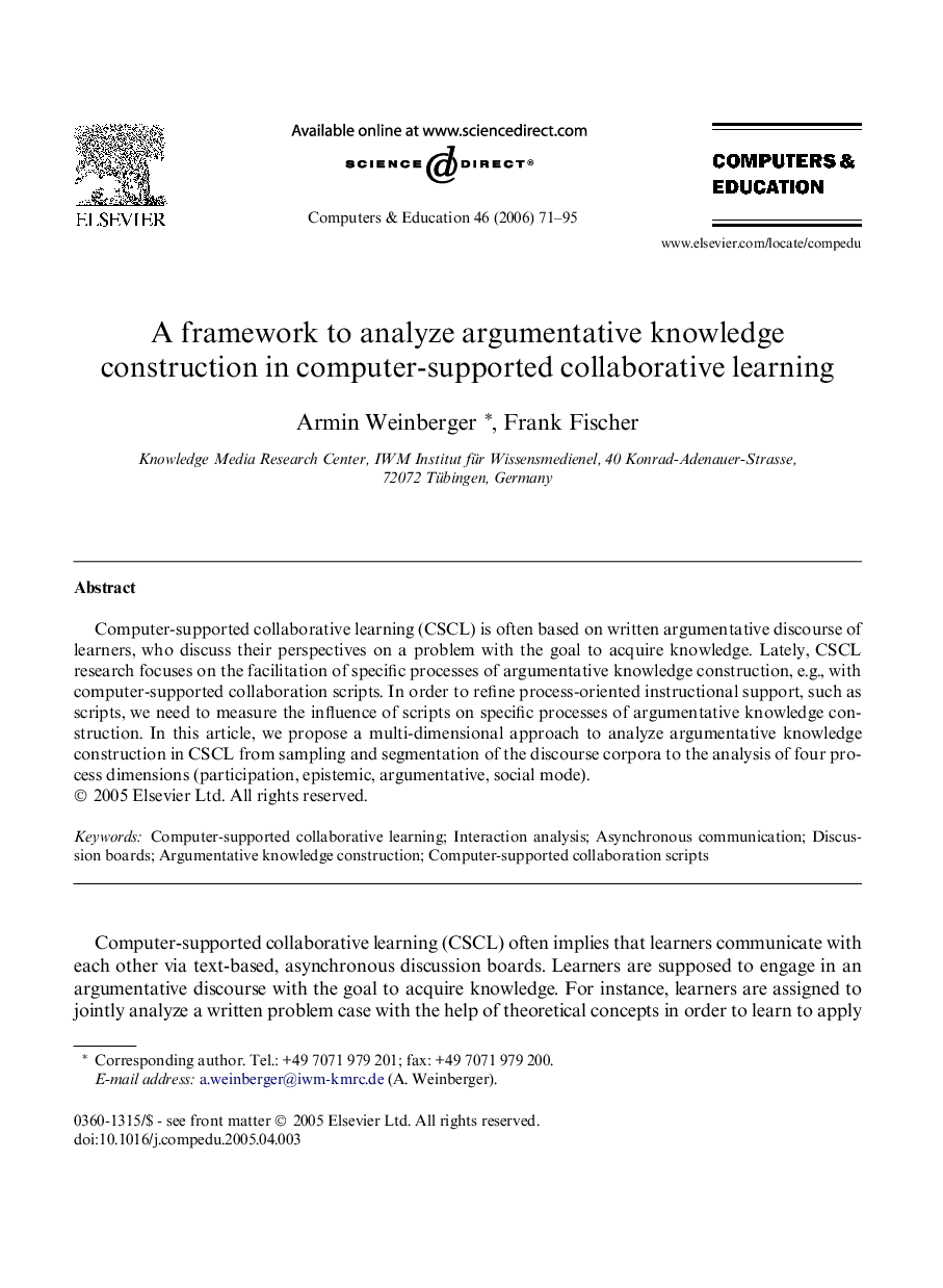 A framework to analyze argumentative knowledge construction in computer-supported collaborative learning