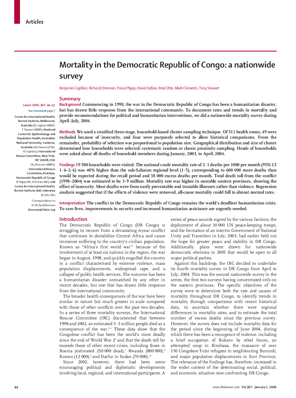 Mortality in the Democratic Republic of Congo: a nationwide survey