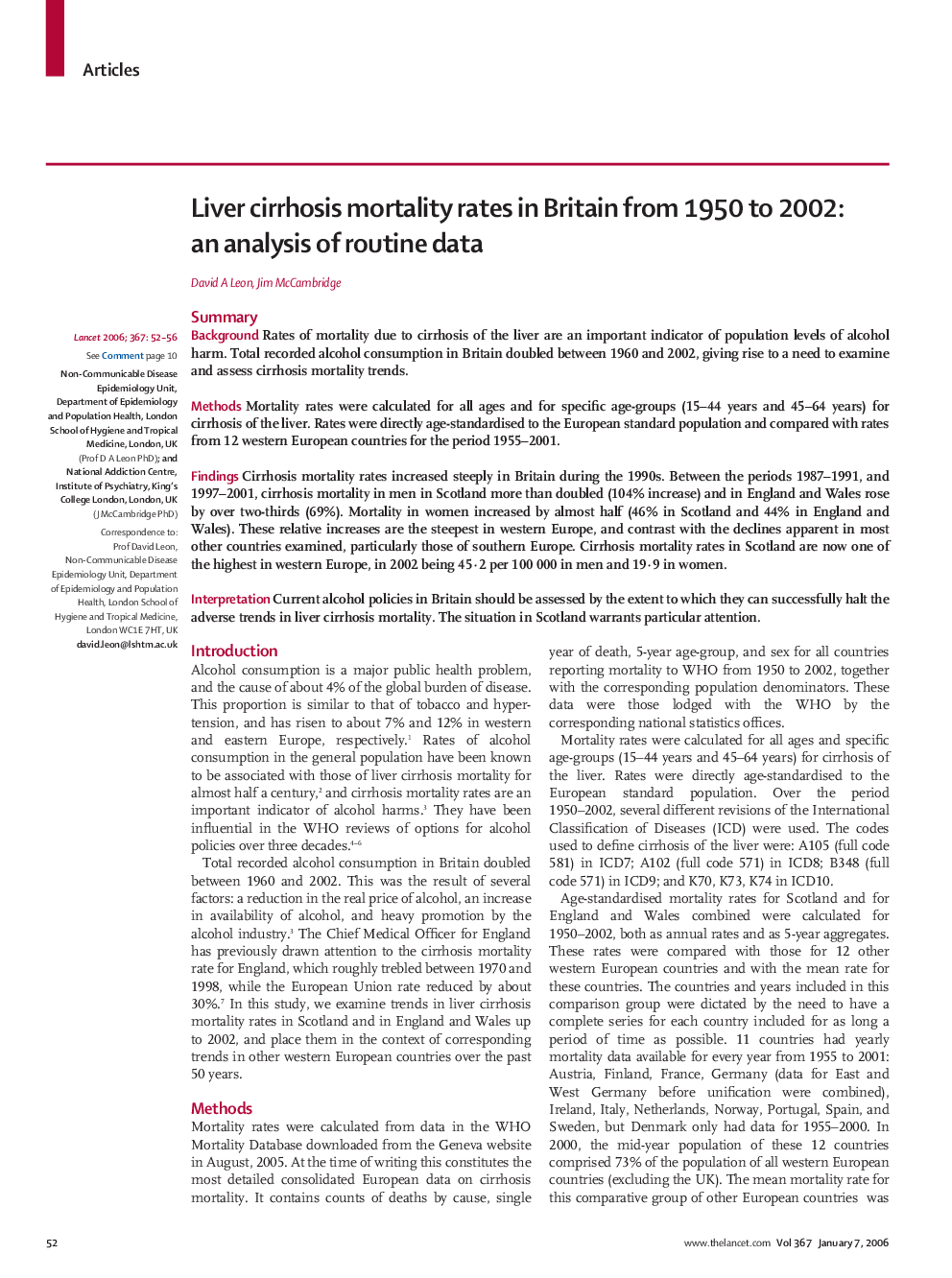 Liver cirrhosis mortality rates in Britain from 1950 to 2002: an analysis of routine data