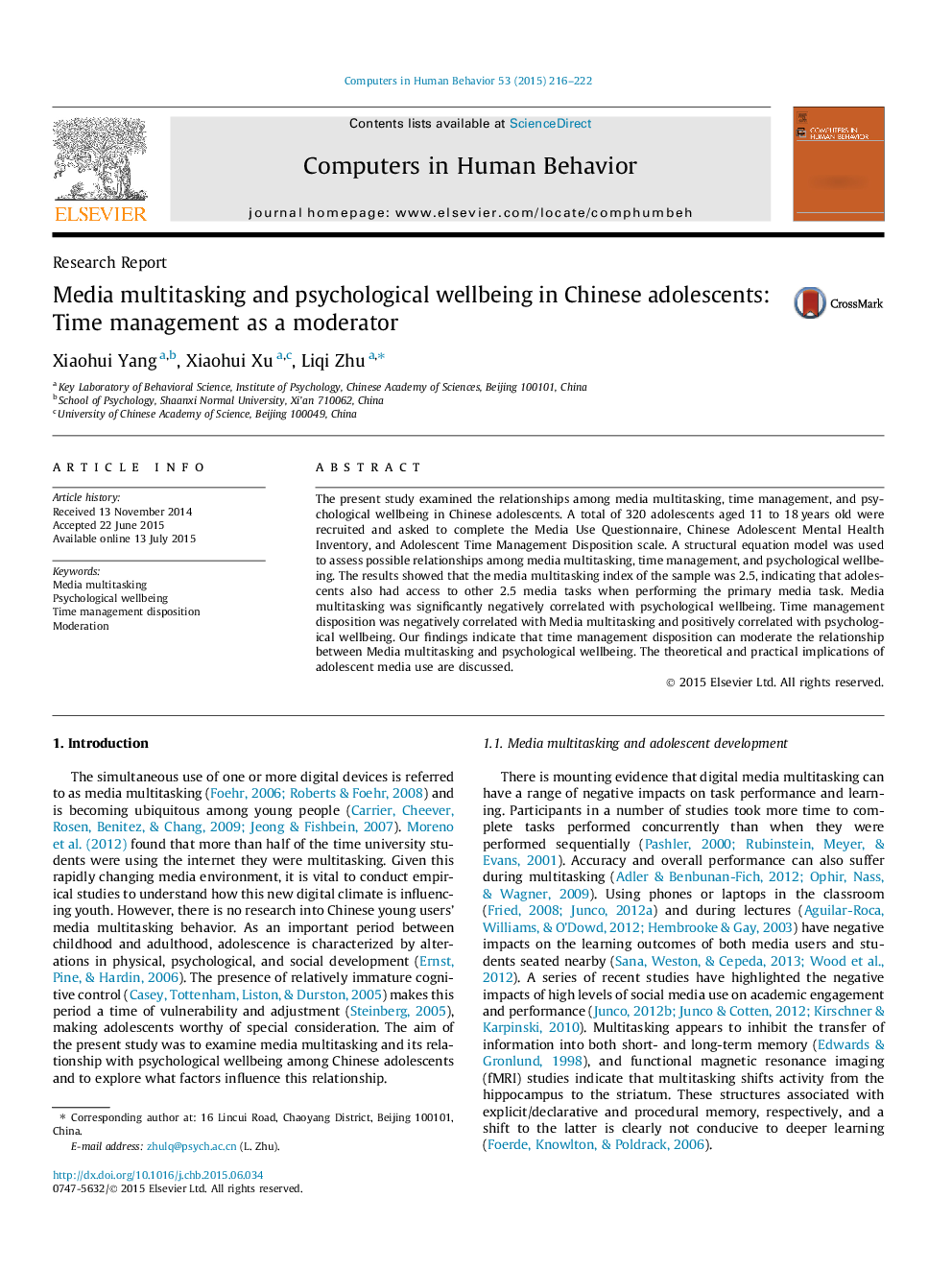 Media multitasking and psychological wellbeing in Chinese adolescents: Time management as a moderator