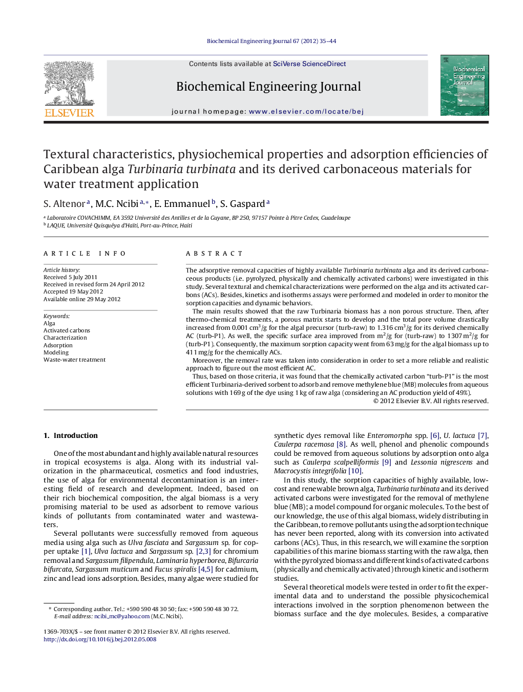 Textural characteristics, physiochemical properties and adsorption efficiencies of Caribbean alga Turbinaria turbinata and its derived carbonaceous materials for water treatment application