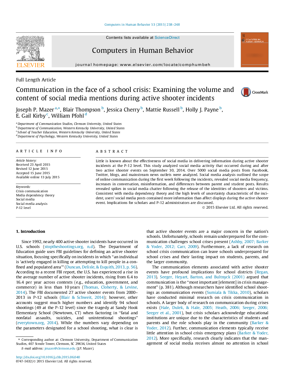 Communication in the face of a school crisis: Examining the volume and content of social media mentions during active shooter incidents