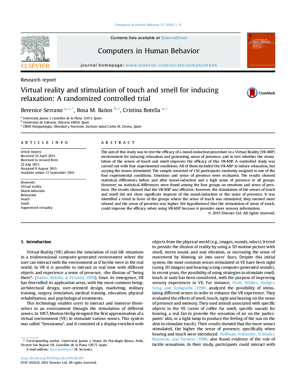 Virtual reality and stimulation of touch and smell for inducing relaxation: A randomized controlled trial