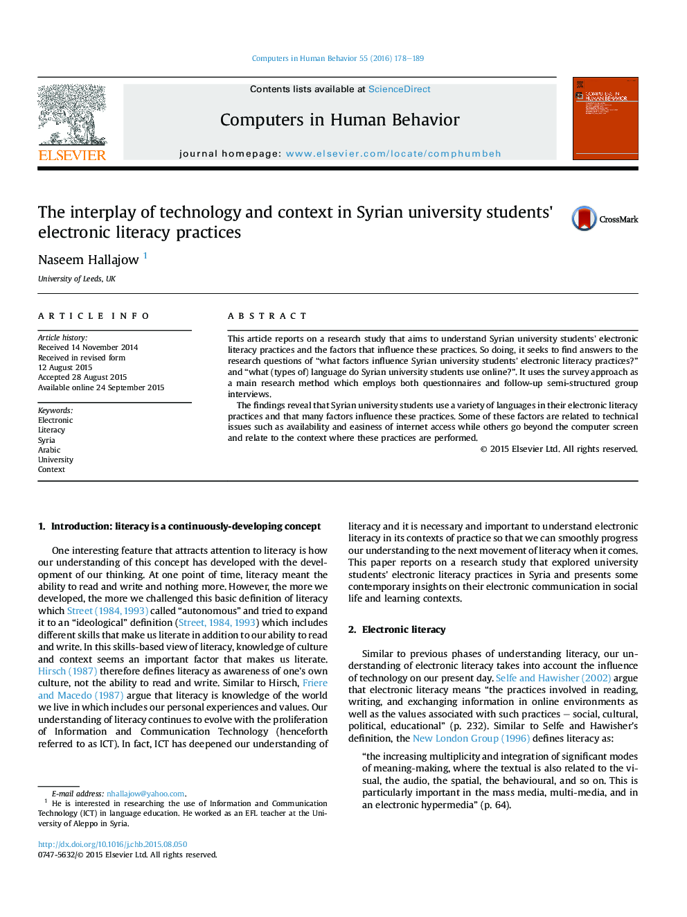 The interplay of technology and context in Syrian university students' electronic literacy practices
