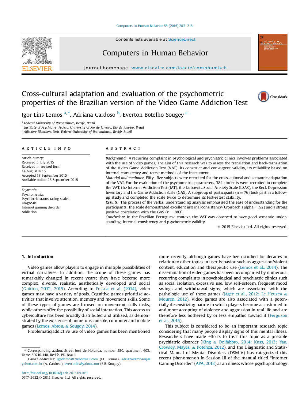 Cross-cultural adaptation and evaluation of the psychometric properties of the Brazilian version of the Video Game Addiction Test