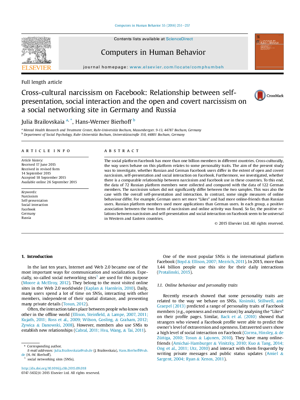 Cross-cultural narcissism on Facebook: Relationship between self-presentation, social interaction and the open and covert narcissism on a social networking site in Germany and Russia