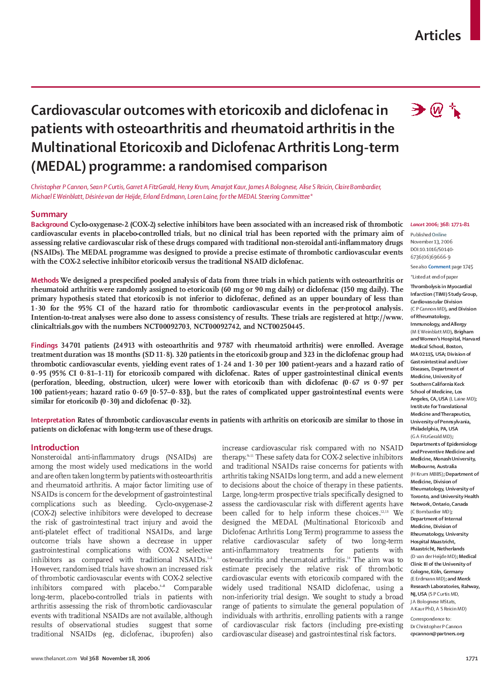 Cardiovascular outcomes with etoricoxib and diclofenac in patients with osteoarthritis and rheumatoid arthritis in the Multinational Etoricoxib and Diclofenac Arthritis Long-term (MEDAL) programme: a randomised comparison