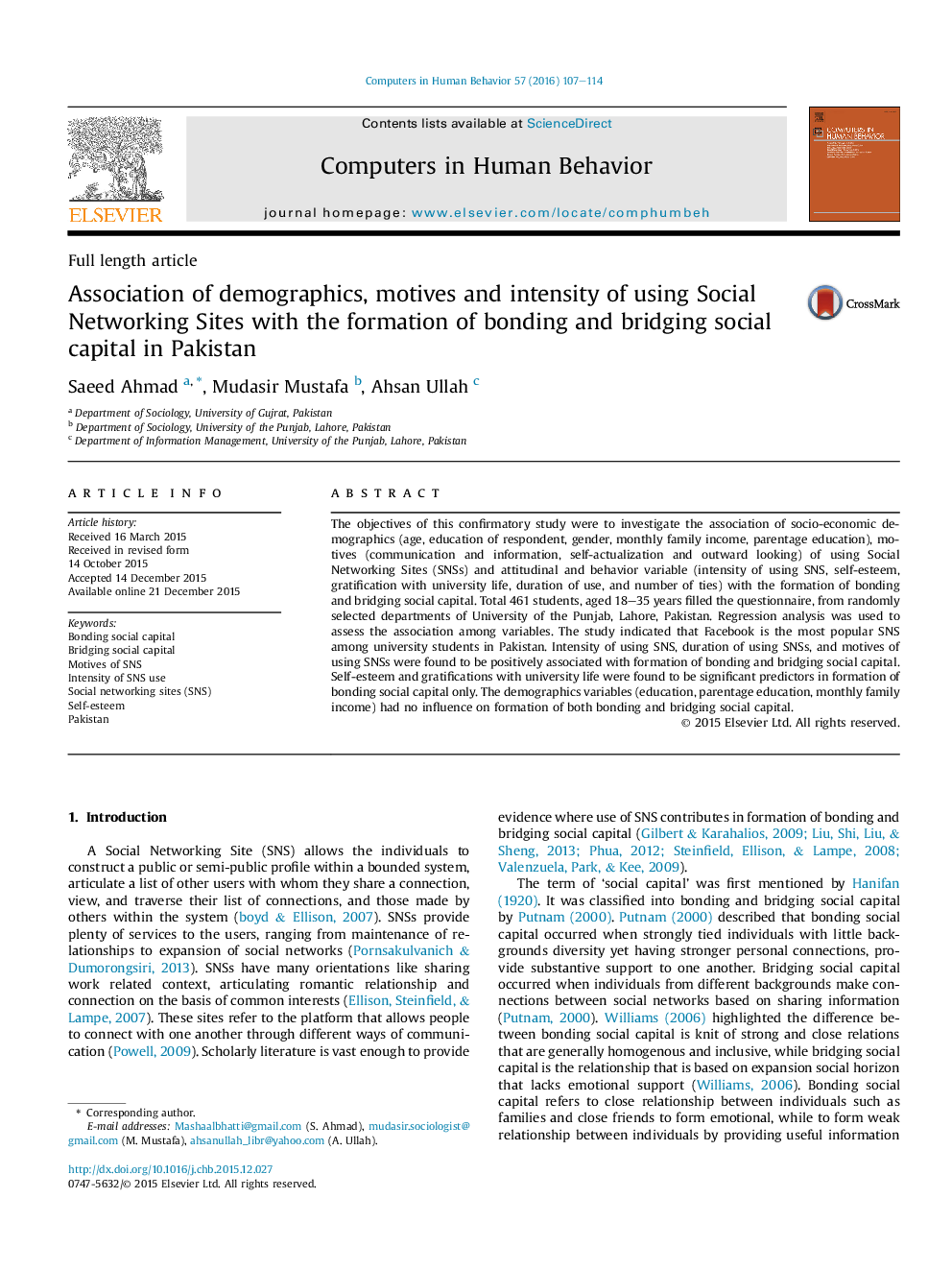 Association of demographics, motives and intensity of using Social Networking Sites with the formation of bonding and bridging social capital in Pakistan