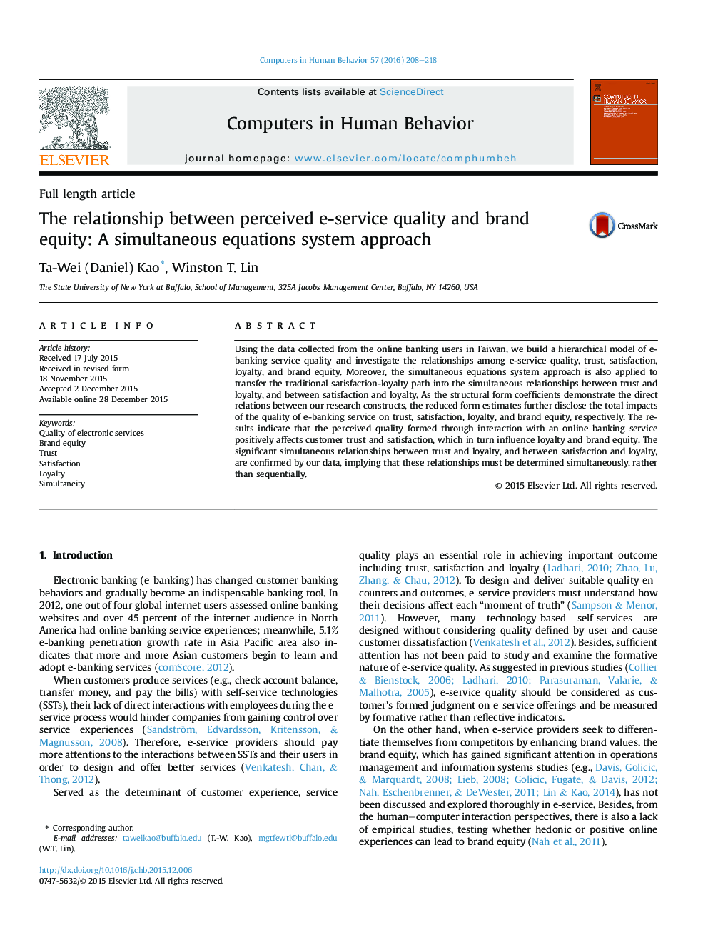 The relationship between perceived e-service quality and brand equity: A simultaneous equations system approach