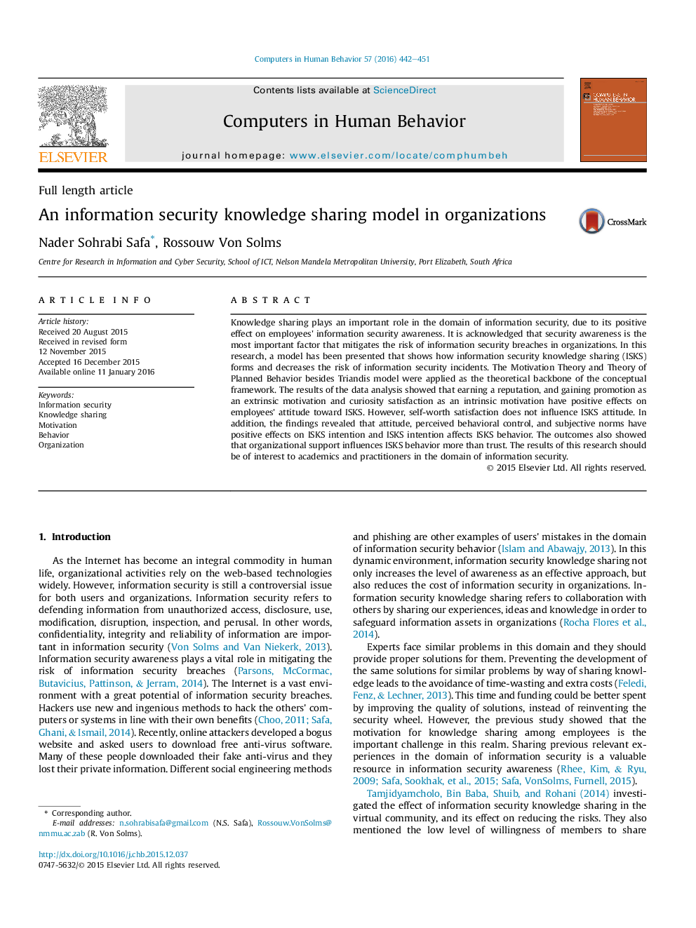 An information security knowledge sharing model in organizations