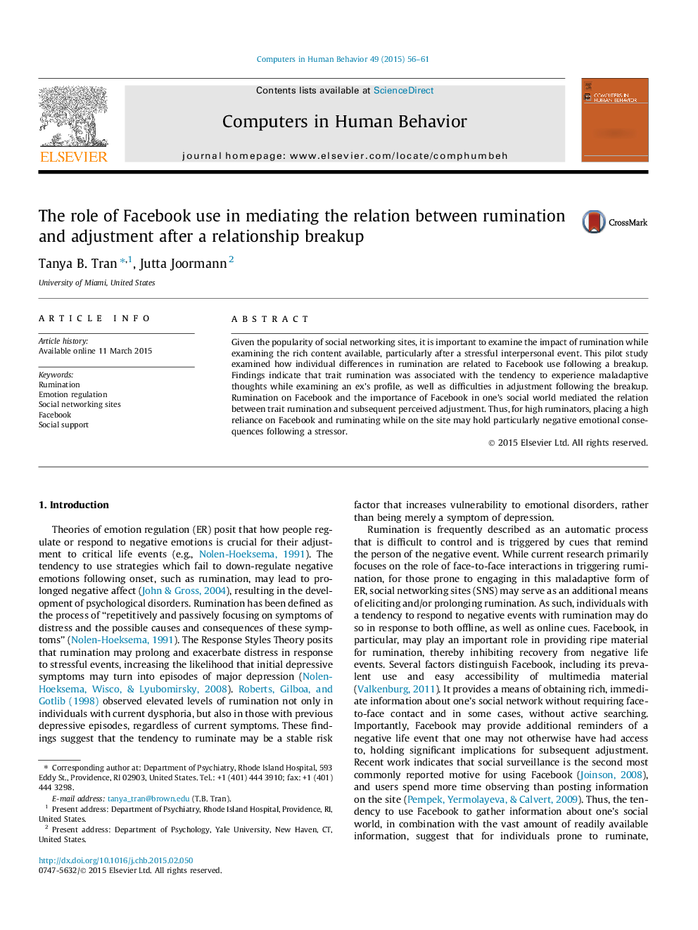 The role of Facebook use in mediating the relation between rumination and adjustment after a relationship breakup