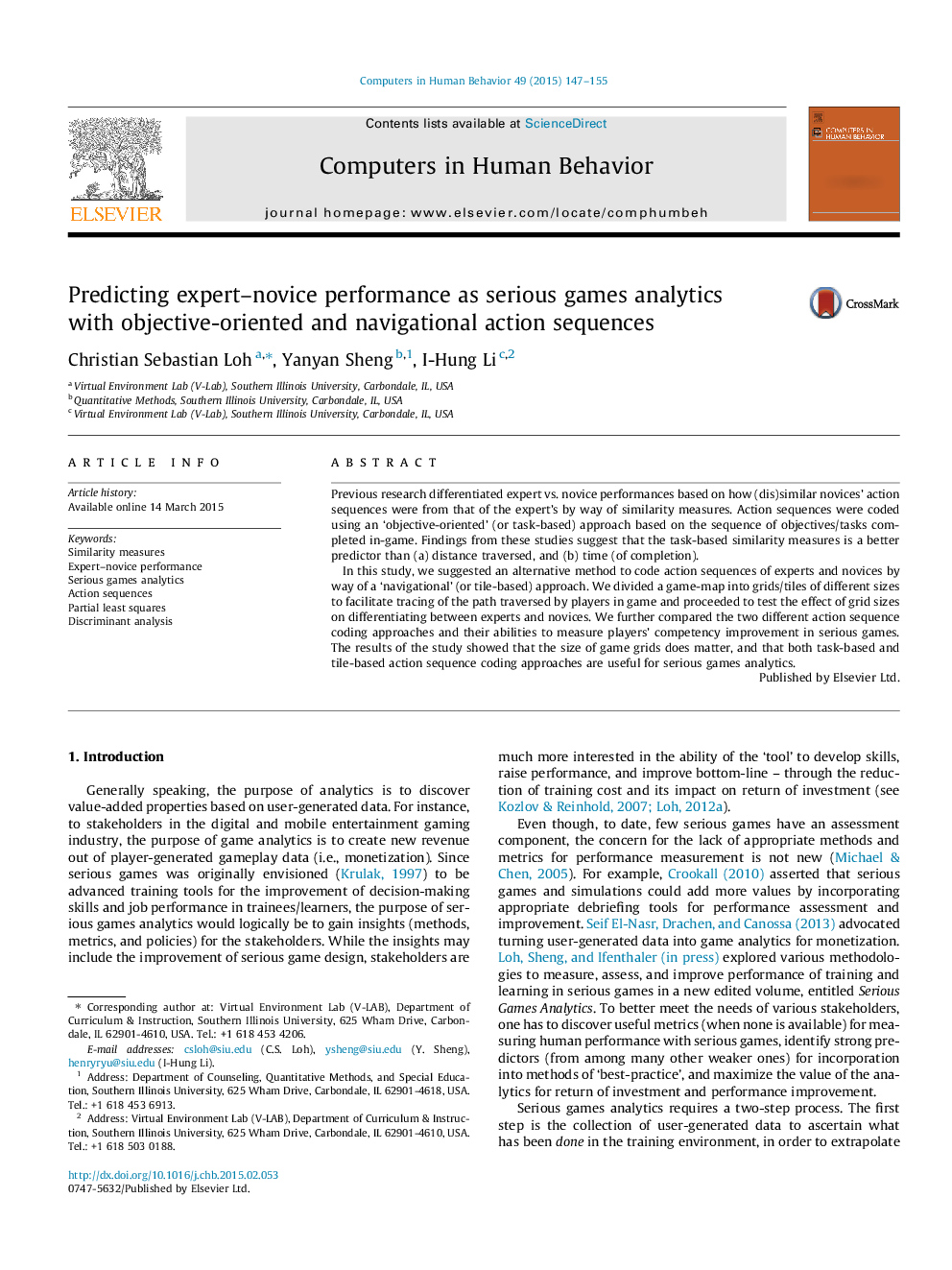 Predicting expert-novice performance as serious games analytics with objective-oriented and navigational action sequences