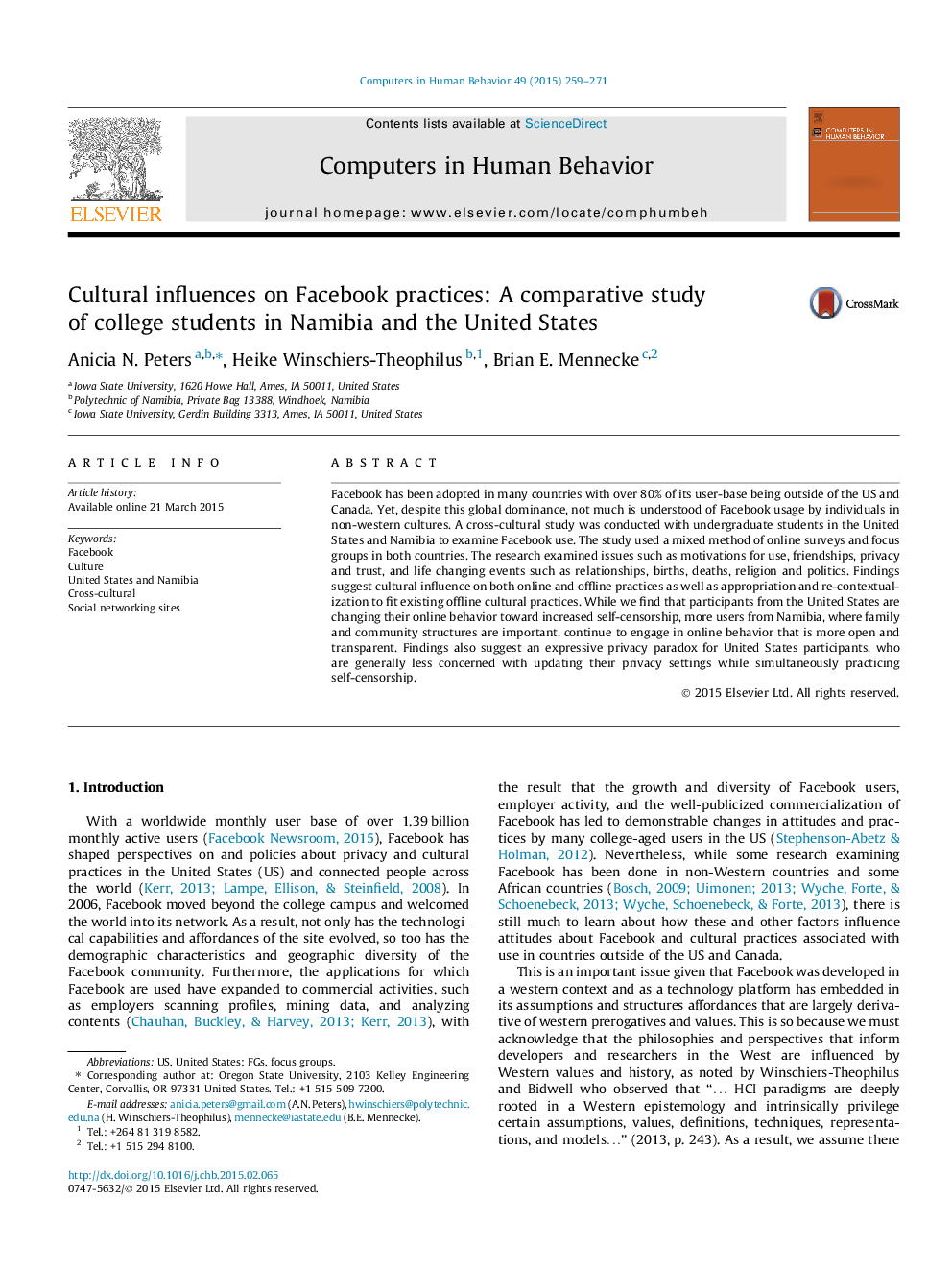 Cultural influences on Facebook practices: A comparative study of college students in Namibia and the United States