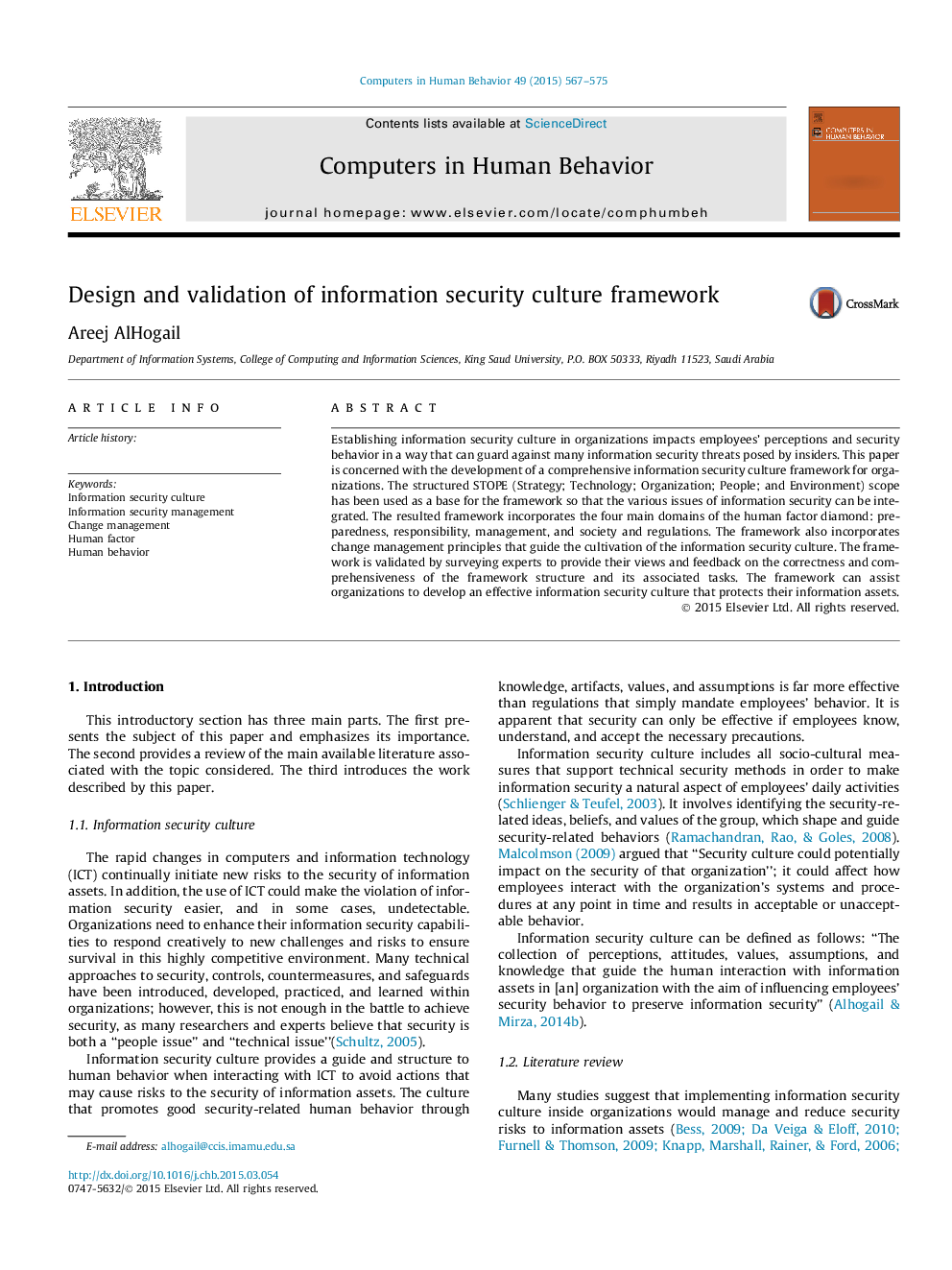 Design and validation of information security culture framework