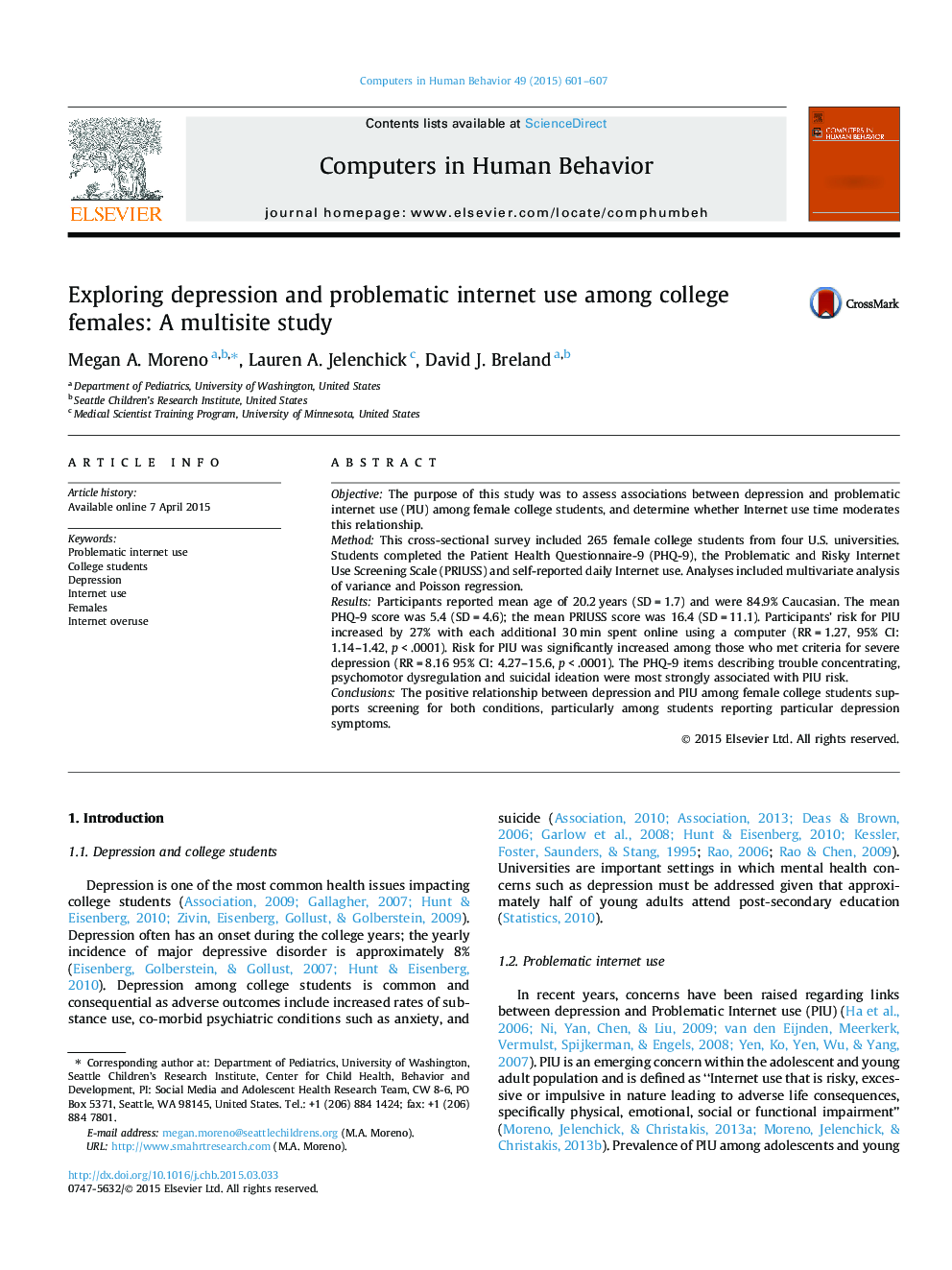 Exploring depression and problematic internet use among college females: A multisite study