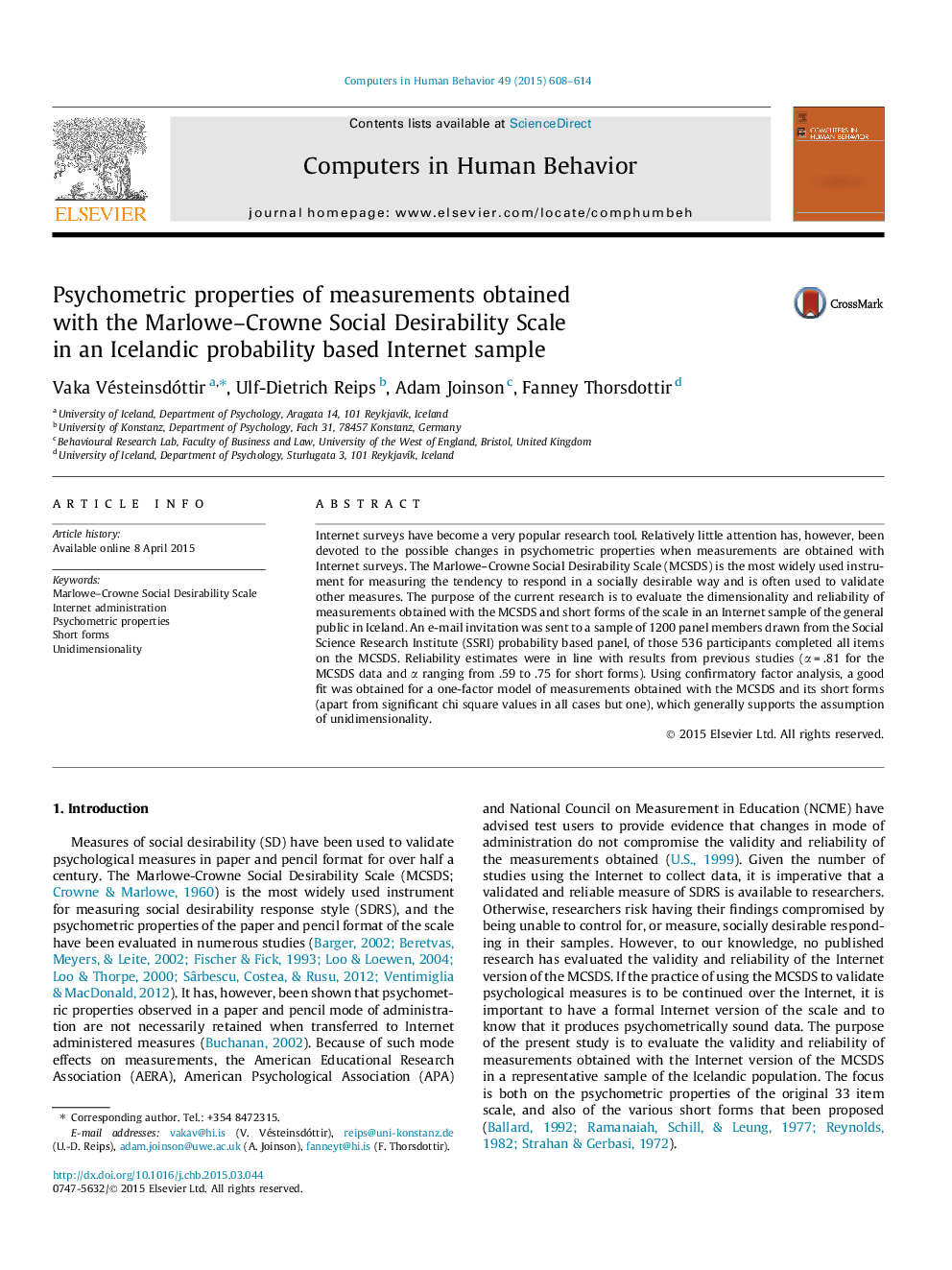 Psychometric properties of measurements obtained with the Marlowe–Crowne Social Desirability Scale in an Icelandic probability based Internet sample