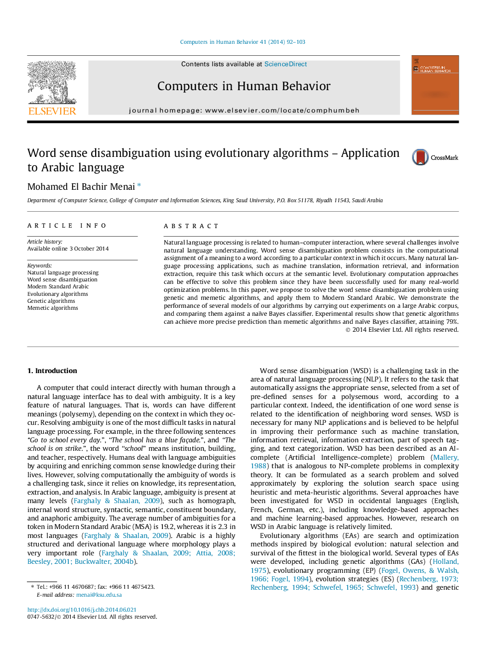 Word sense disambiguation using evolutionary algorithms – Application to Arabic language