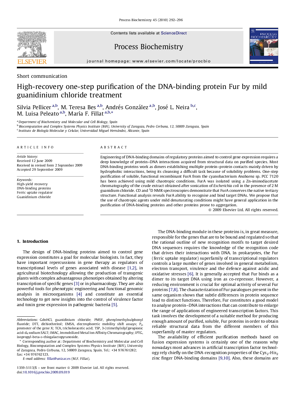 High-recovery one-step purification of the DNA-binding protein Fur by mild guanidinium chloride treatment