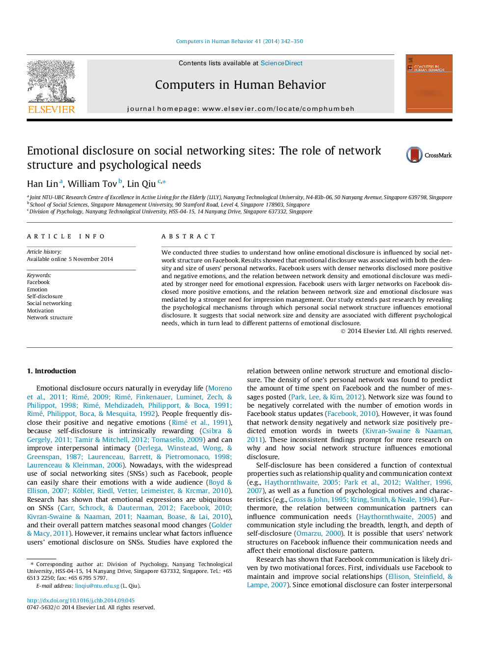 Emotional disclosure on social networking sites: The role of network structure and psychological needs