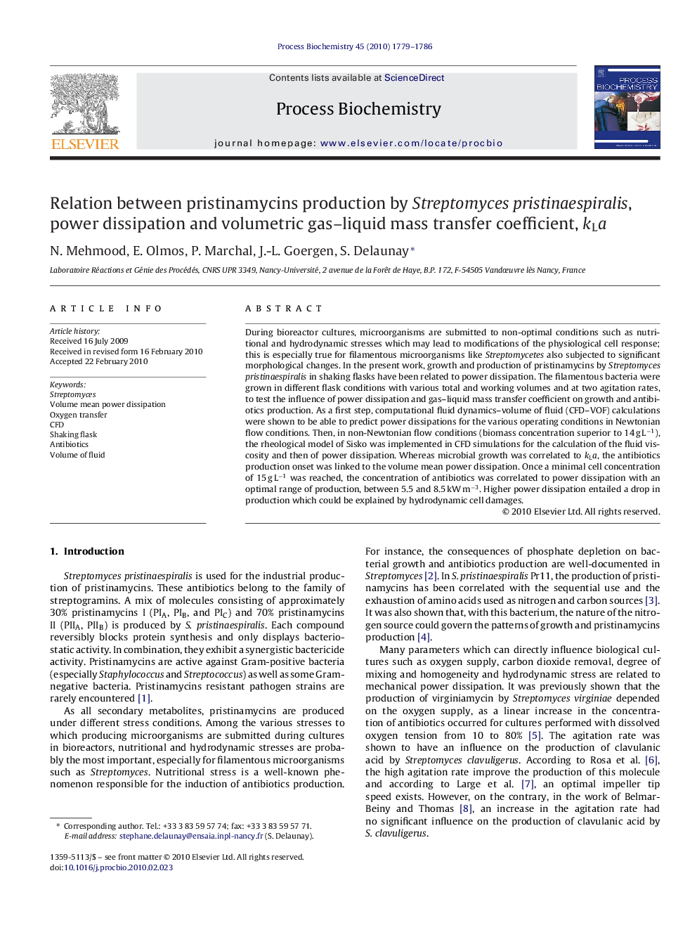 Relation between pristinamycins production by Streptomyces pristinaespiralis, power dissipation and volumetric gas–liquid mass transfer coefficient, kLa