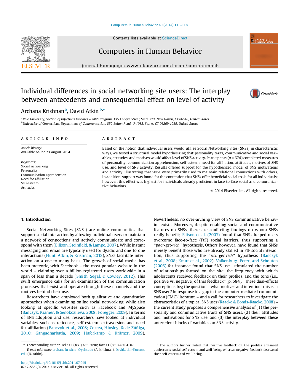 Individual differences in social networking site users: The interplay between antecedents and consequential effect on level of activity