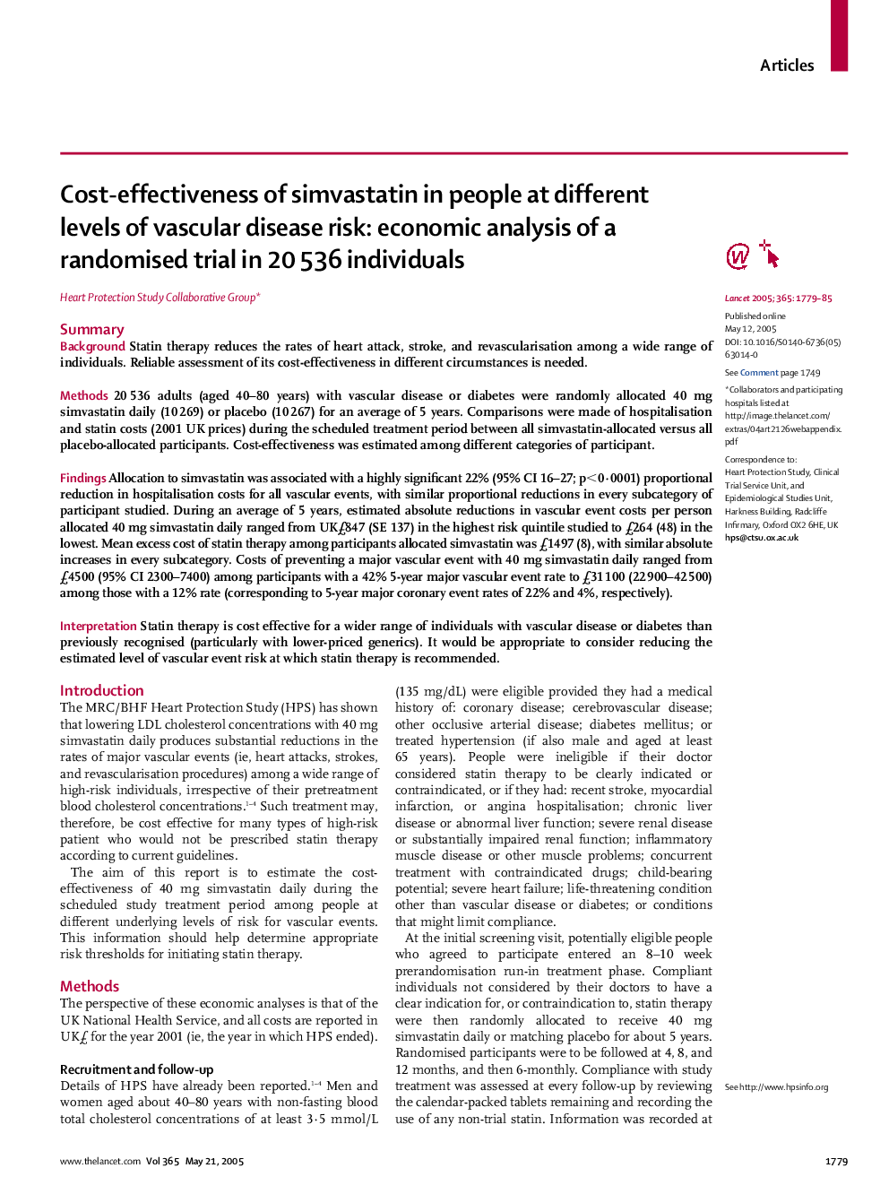 Cost-effectiveness of simvastatin in people at different levels of vascular disease risk: economic analysis of a randomised trial in 20 536 individuals