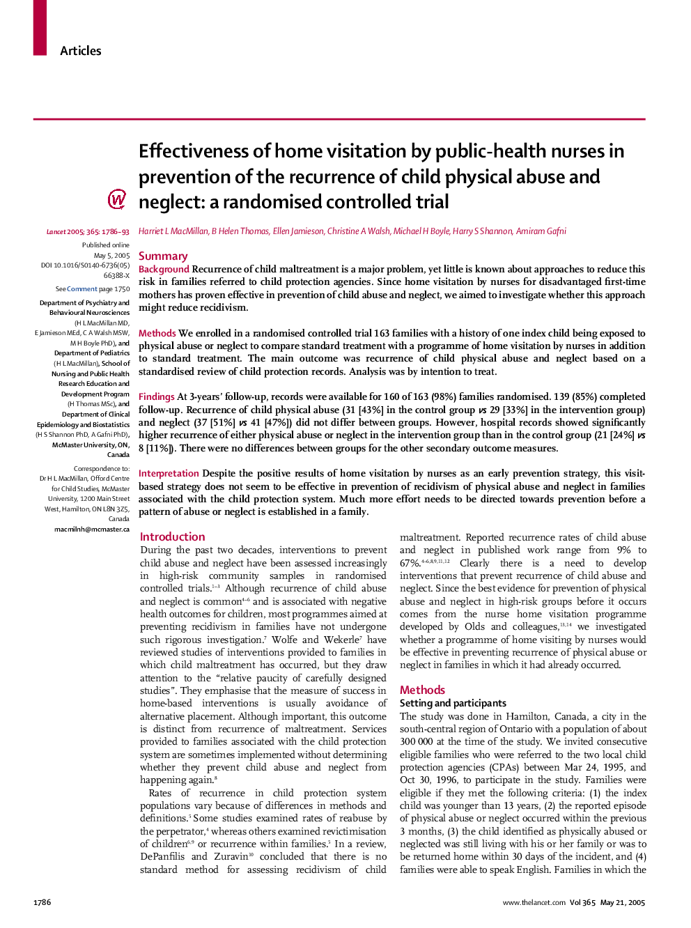 Effectiveness of home visitation by public-health nurses in prevention of the recurrence of child physical abuse and neglect: a randomised controlled trial