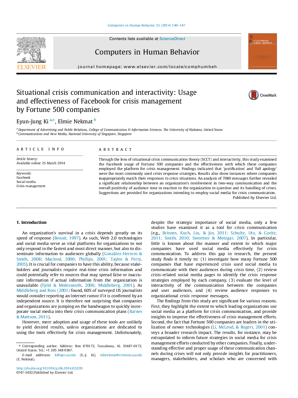 Situational crisis communication and interactivity: Usage and effectiveness of Facebook for crisis management by Fortune 500 companies