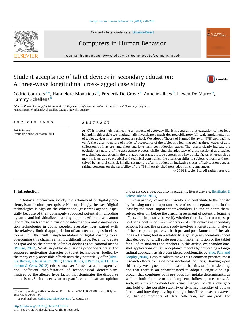 Student acceptance of tablet devices in secondary education: A three-wave longitudinal cross-lagged case study