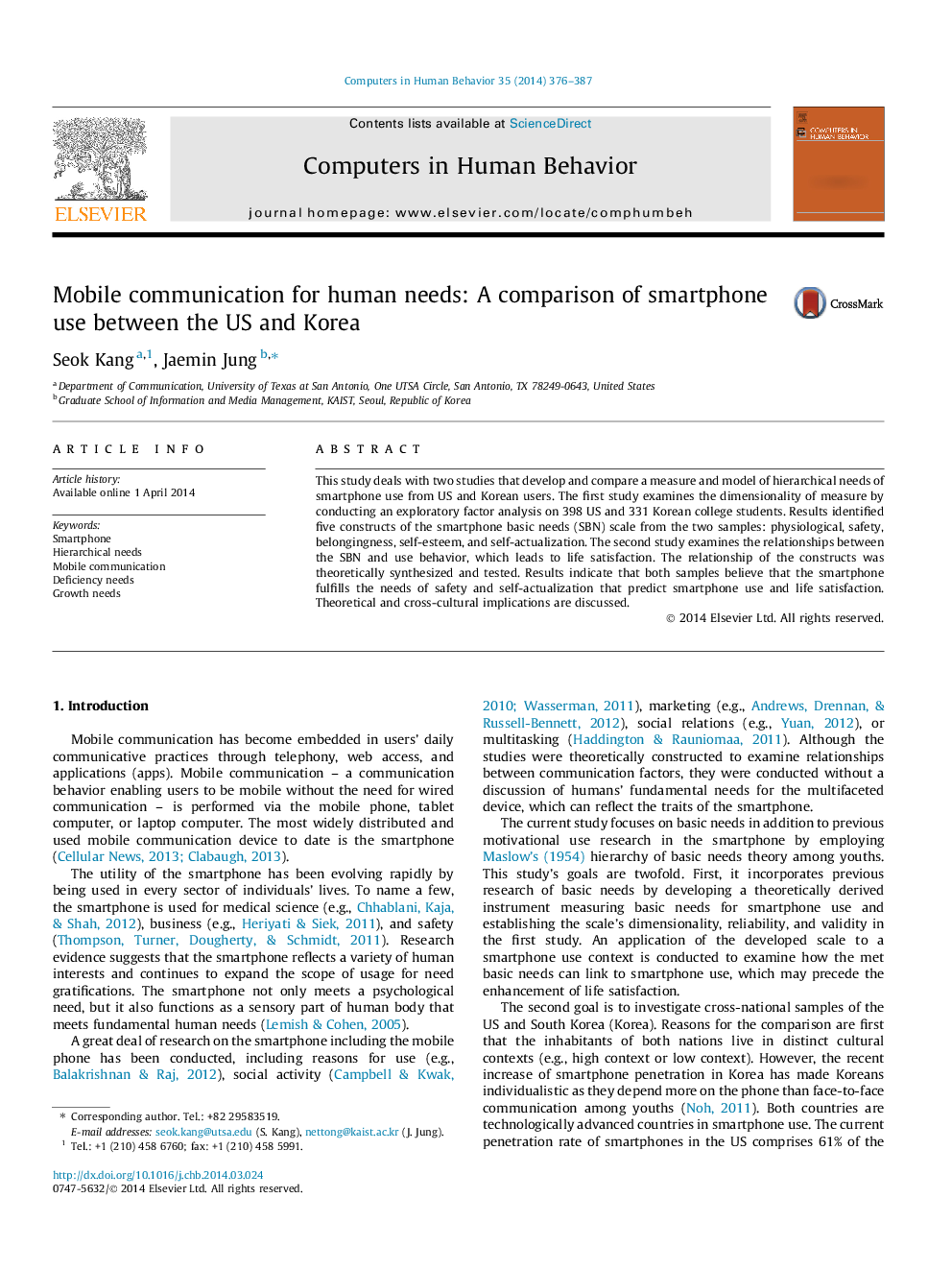 Mobile communication for human needs: A comparison of smartphone use between the US and Korea