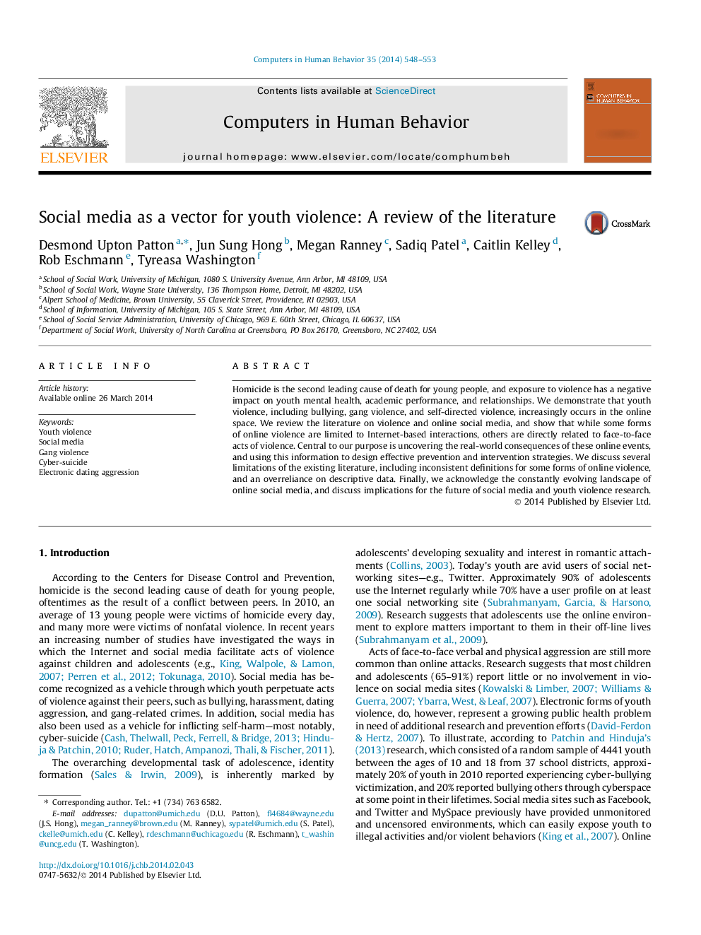 Social media as a vector for youth violence: A review of the literature