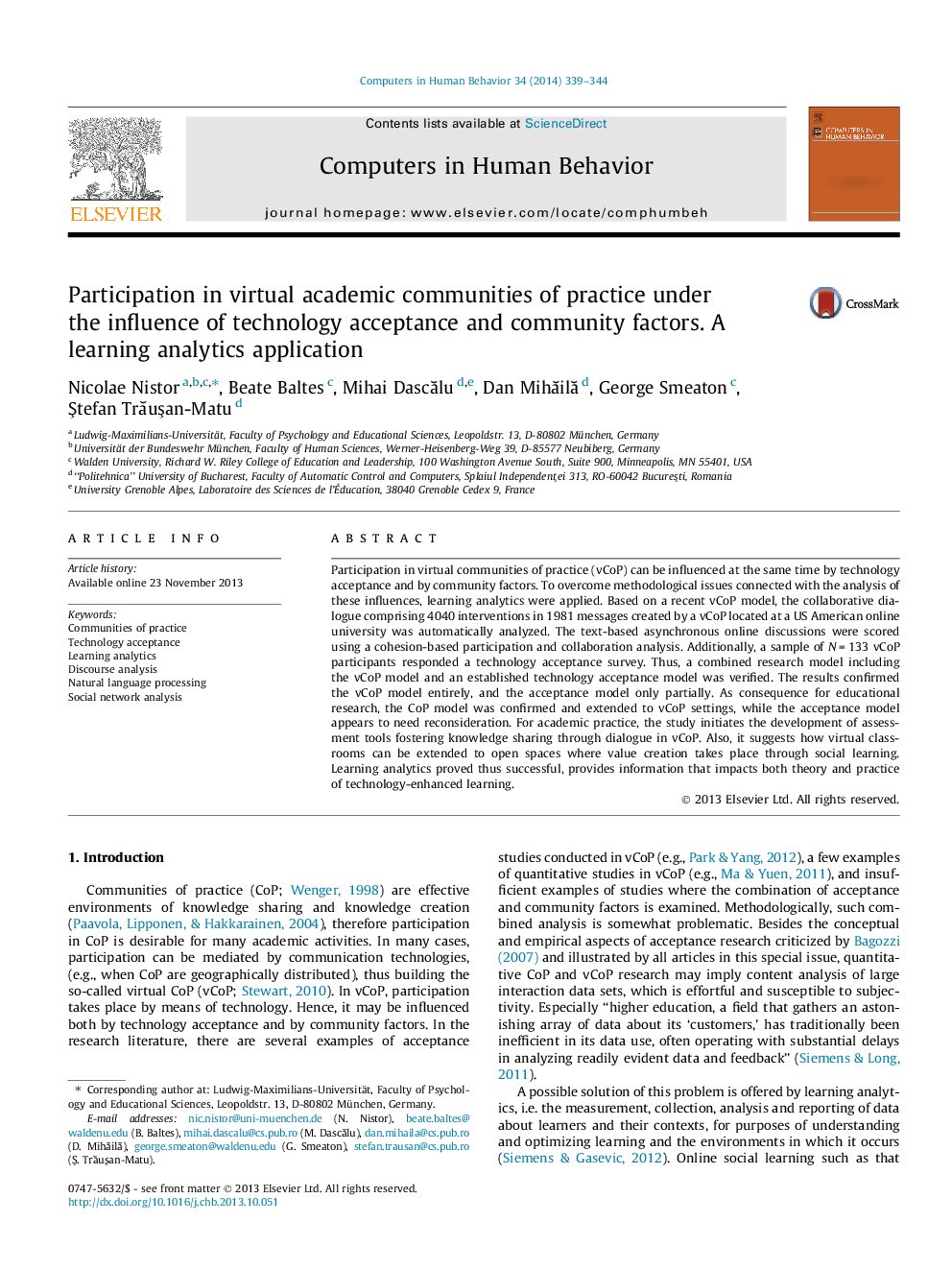 Participation in virtual academic communities of practice under the influence of technology acceptance and community factors. A learning analytics application