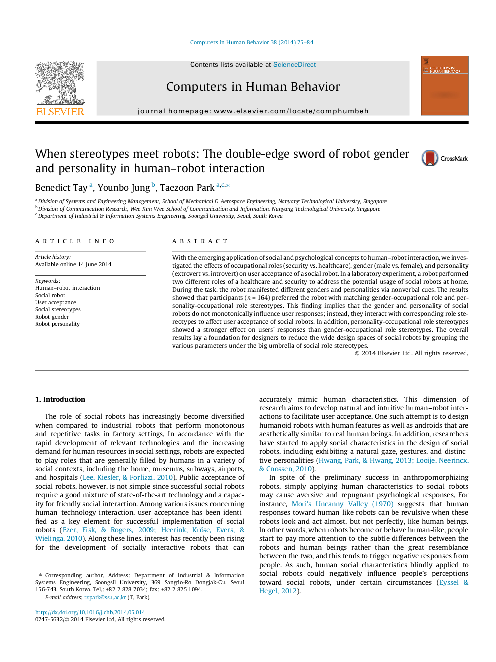 When stereotypes meet robots: The double-edge sword of robot gender and personality in human–robot interaction