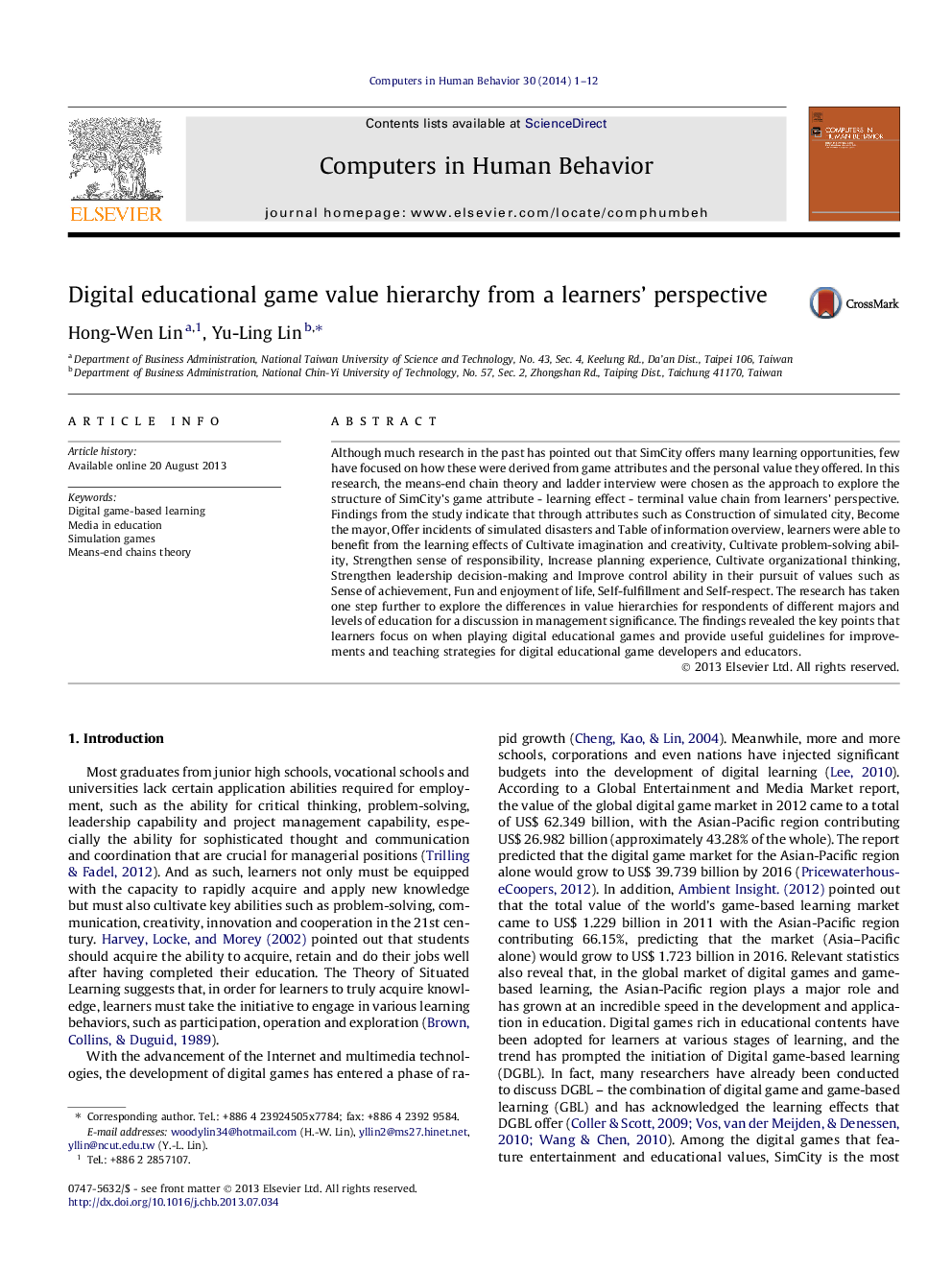 Digital educational game value hierarchy from a learners’ perspective