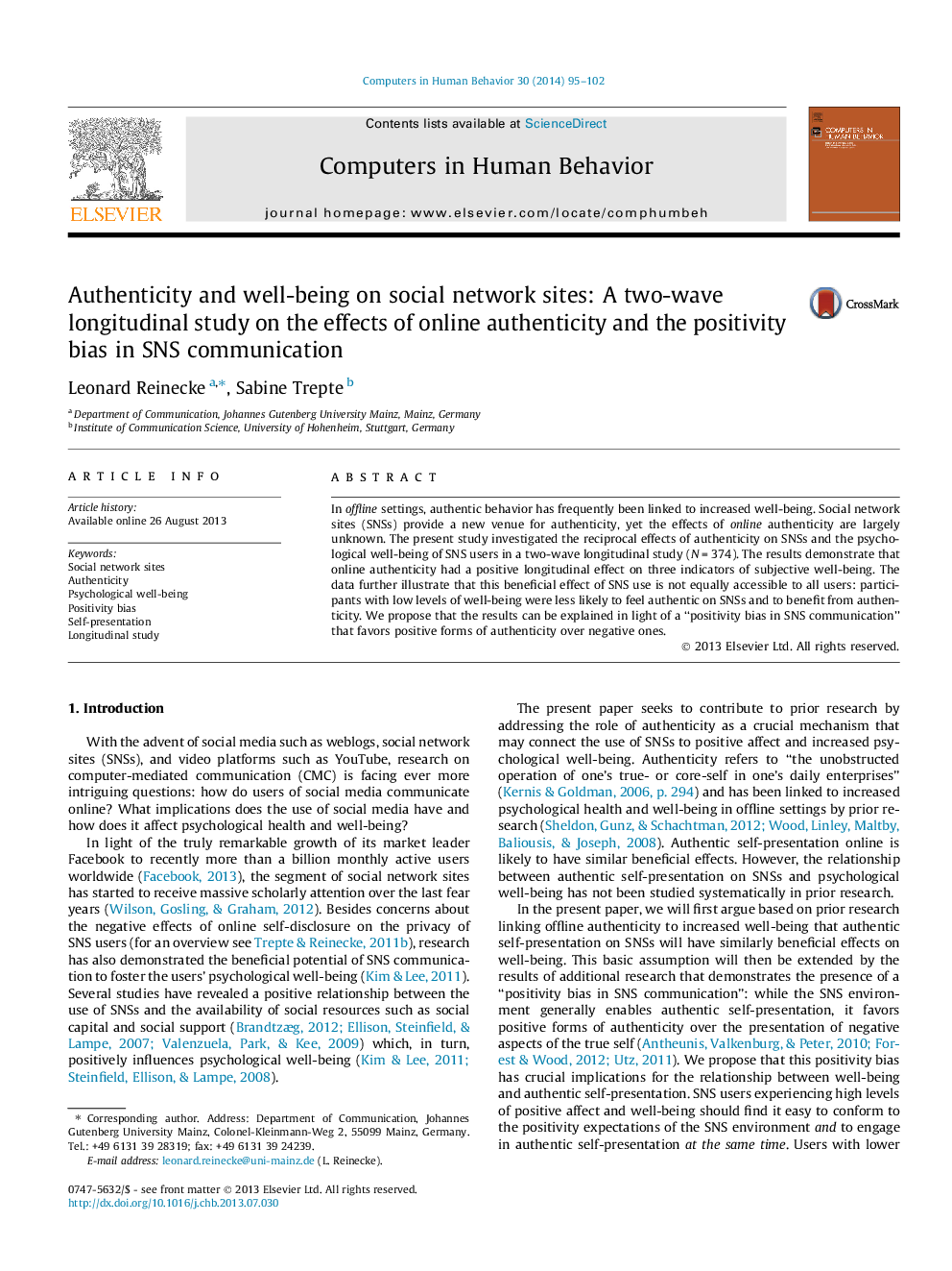 Authenticity and well-being on social network sites: A two-wave longitudinal study on the effects of online authenticity and the positivity bias in SNS communication