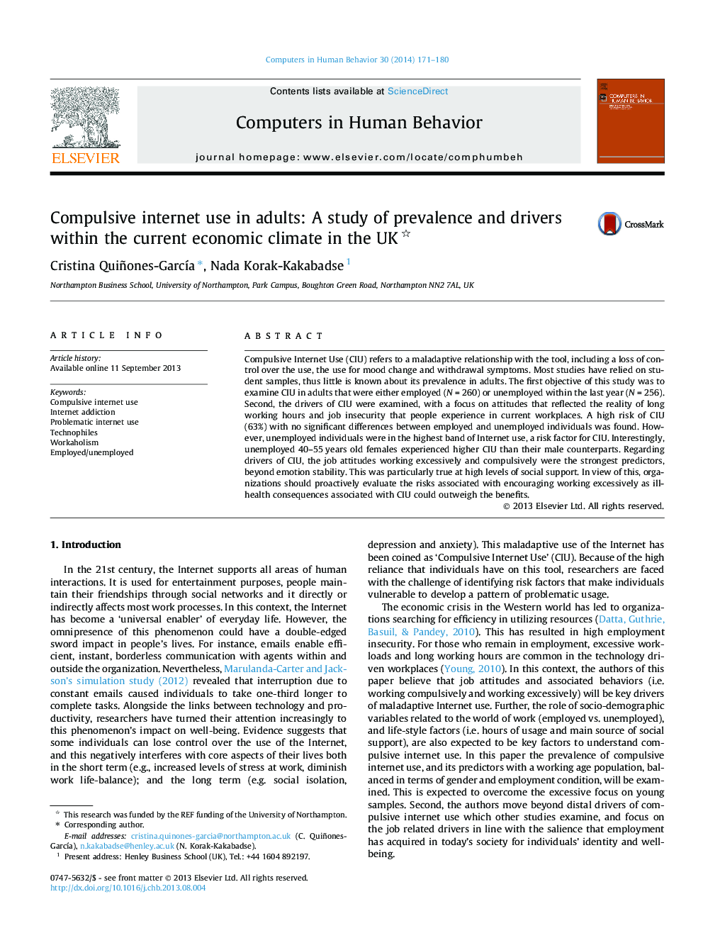 Compulsive internet use in adults: A study of prevalence and drivers within the current economic climate in the UK 