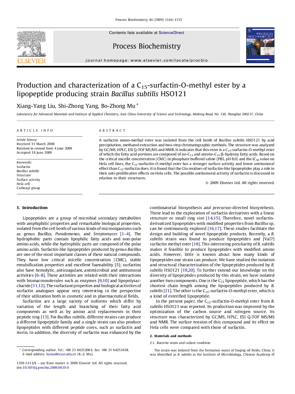 Production and characterization of a C15-surfactin-O-methyl ester by a lipopeptide producing strain Bacillus subtilis HSO121