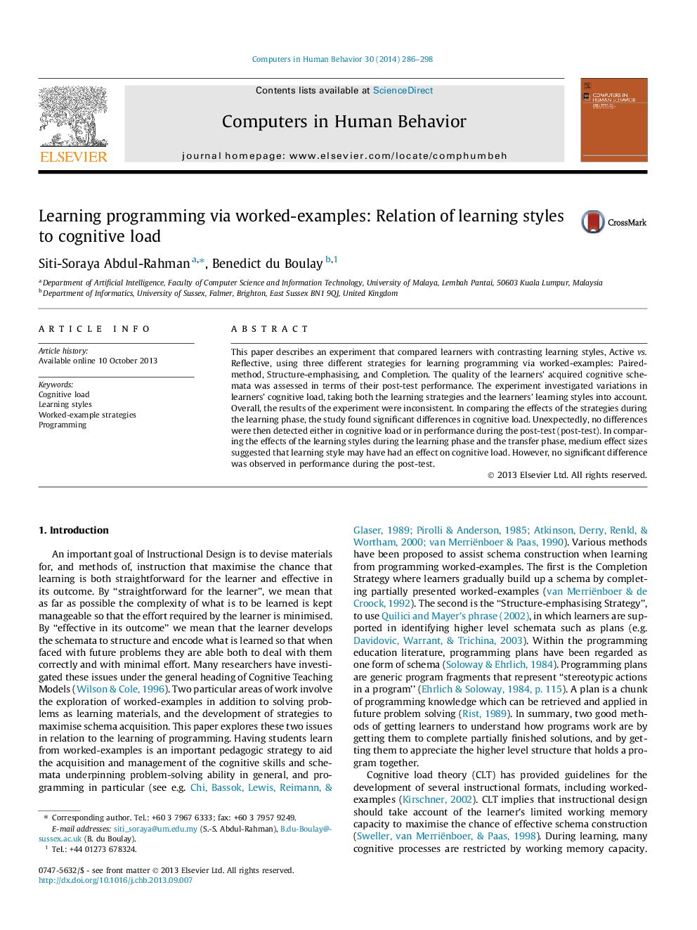 Learning programming via worked-examples: Relation of learning styles to cognitive load