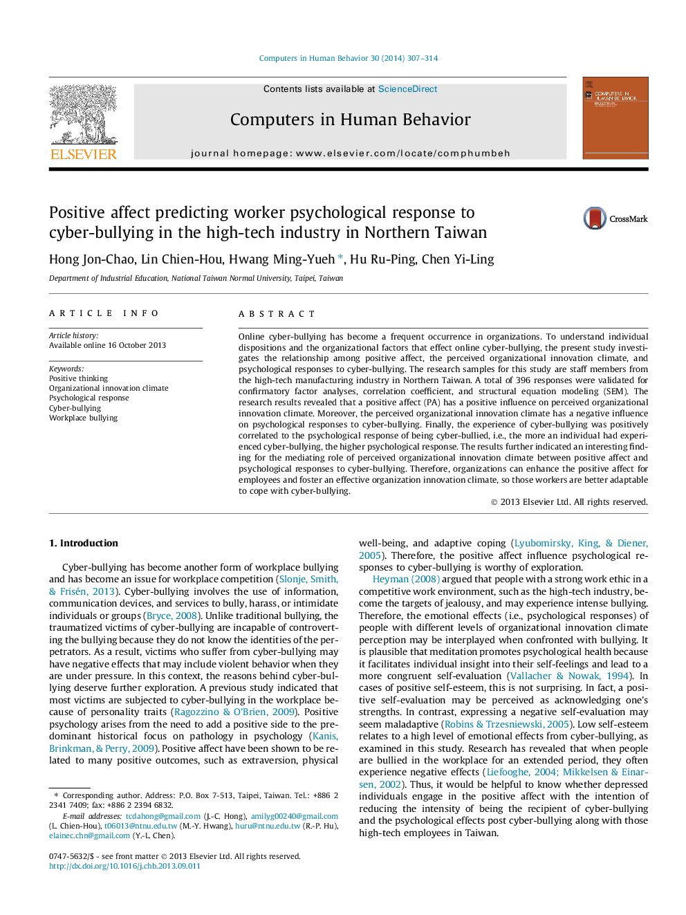 Positive affect predicting worker psychological response to cyber-bullying in the high-tech industry in Northern Taiwan