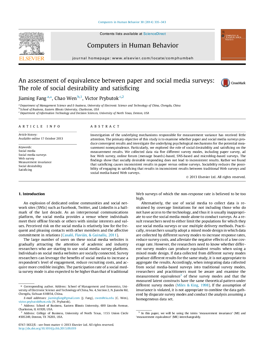 An assessment of equivalence between paper and social media surveys: The role of social desirability and satisficing